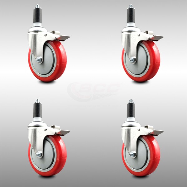 Service Caster 5 Inch 316SS Red Poly Swivel 1-3/8 Inch Expanding Stem Caster Set Lock Brake SCC-SS316TTLEX20S514-PPUB-RED-138-4 - main
